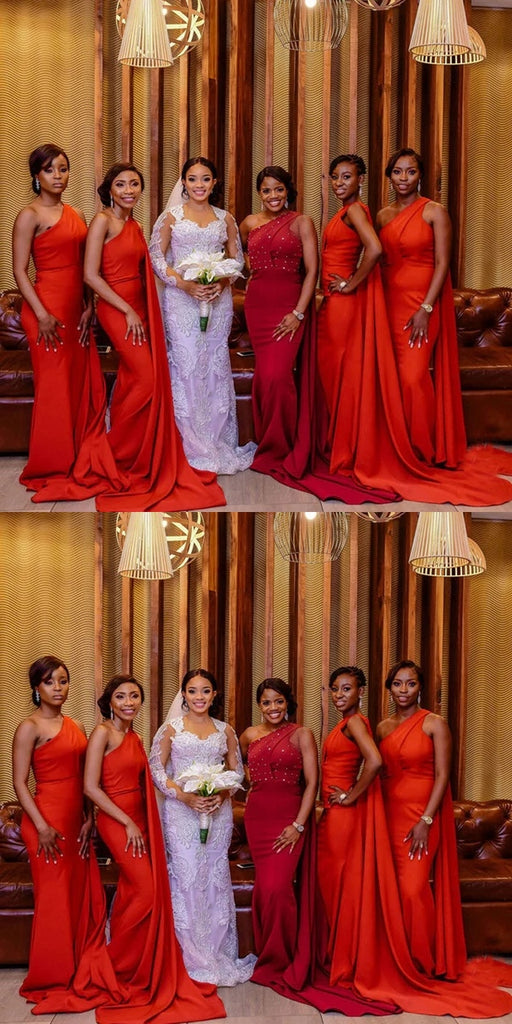 Sexy Red Mermaid One Shoulder Cheap Long Bridesmaid Dresses Online, WGM130