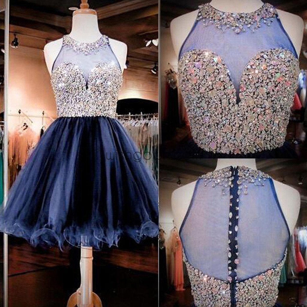 Blue off shoulder gorgeous see through tulle Bohemian charming homecoming prom dress,BD0053 - Wish Gown