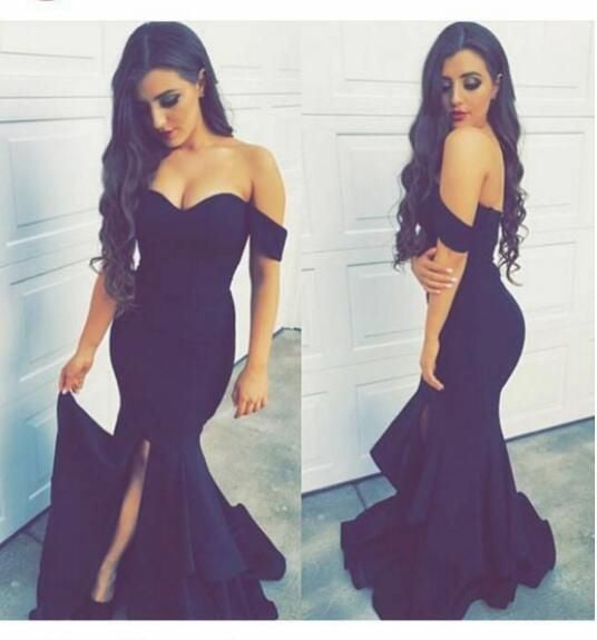 Black Off Shoulder Mermaid Sweetheart Side Slit Cheap Long Prom Dress, WG558 - Wish Gown