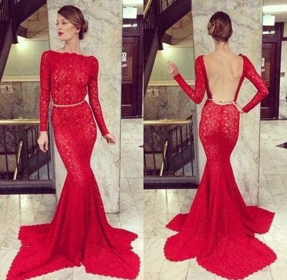 Red Long Sleeves Lace Mermaid Open Back Sexy Long Prom Dresses, WG581