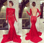Red Long Sleeves Lace Mermaid Open Back Sexy Long Prom Dresses, WG581