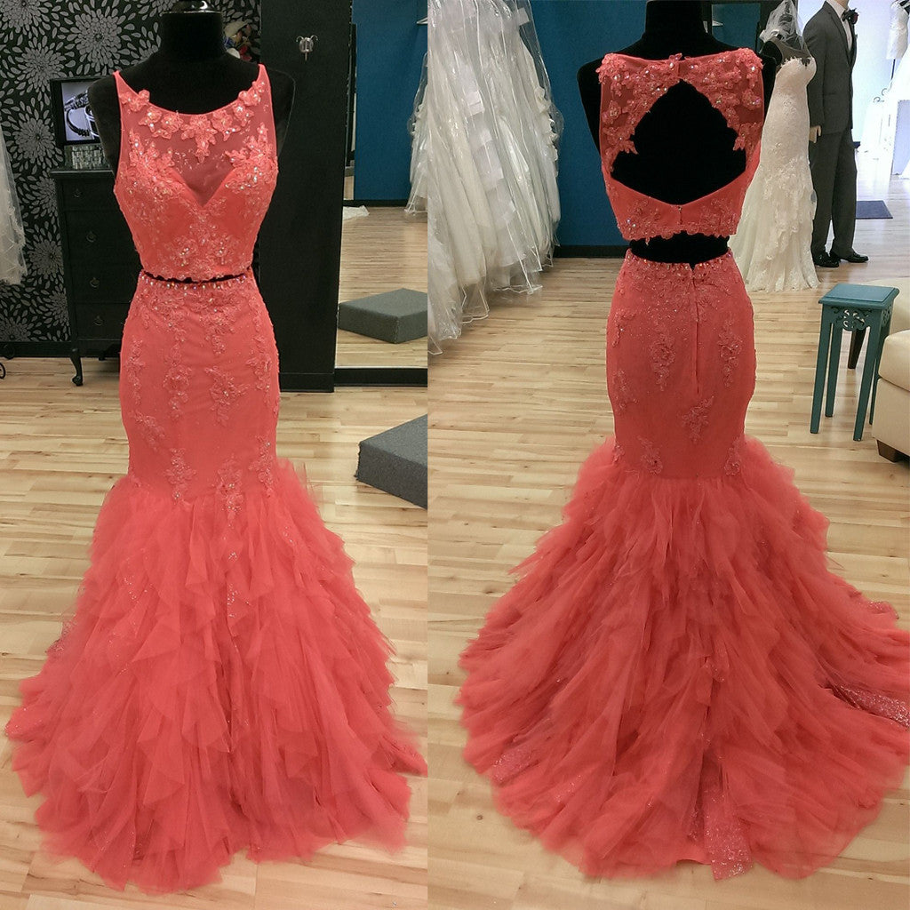 Two Pieces Open Back Applique Mermaid Long Prom Dresses, WG587