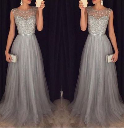 Grey Beaded Top Shinning Tulle Elegant Cheap Long Prom Dresses, WG718