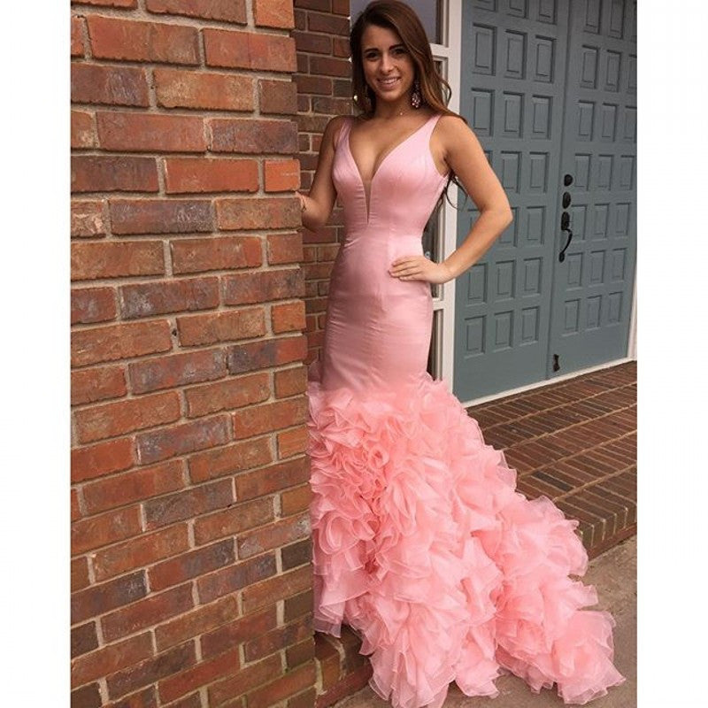 Pink Mermaid Affordable Sexy V Neck Long Prom Dresses, WG600