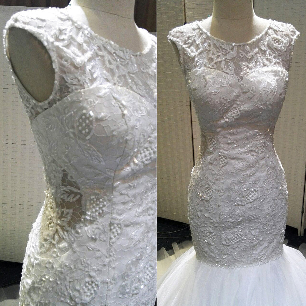 White Mermaid Open Back Lace Up Charming Beaded Long Wedding Bridal Dresses, WG625