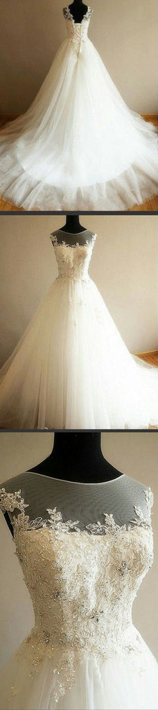 Charming Illusion Long A-line Lace Up Tulle Rhinestone Wedding Party Dresses, WD0063 - Wish Gown