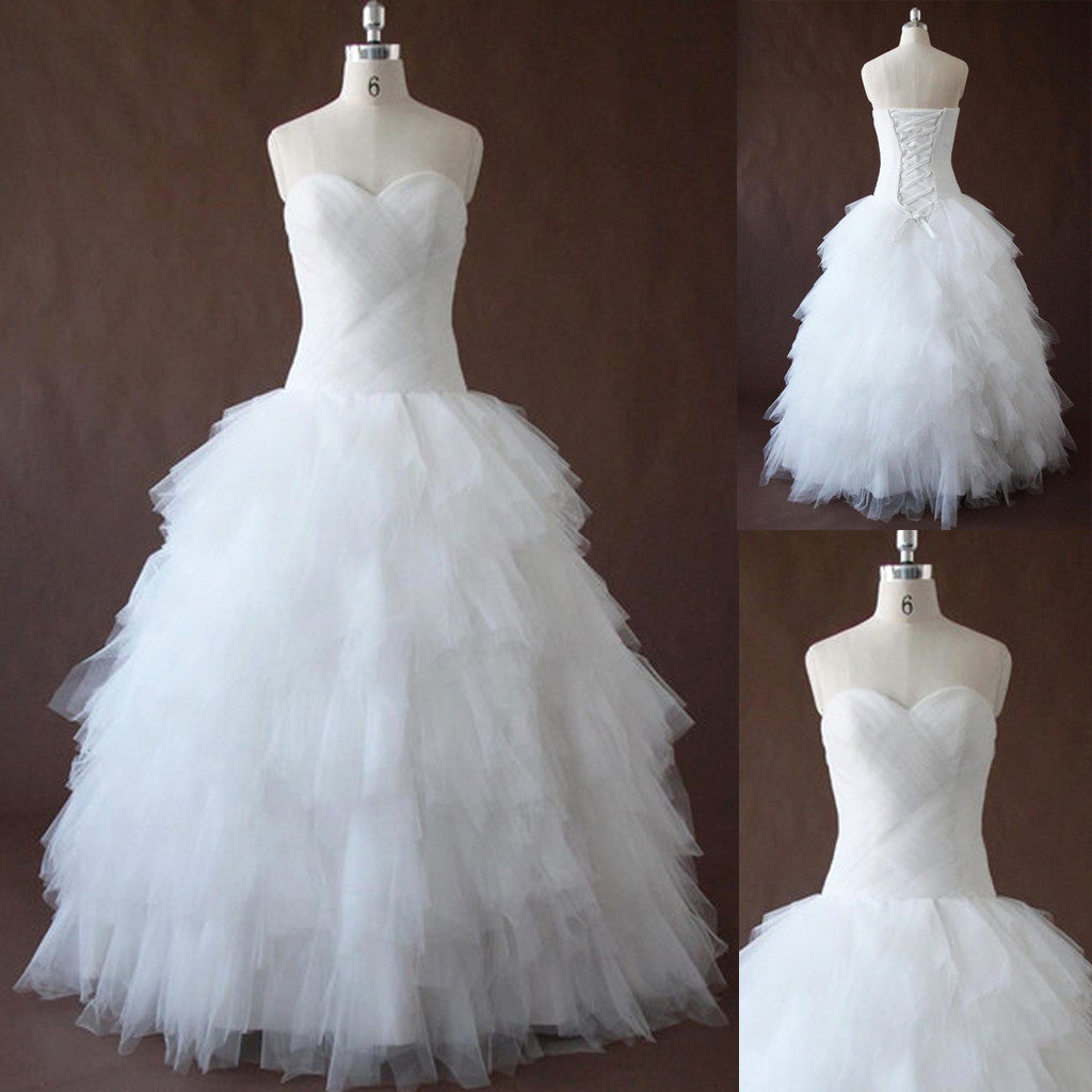 Criss Cross Tulle Simple Pleated Sweetheart Neckline Cheap Long Wedding Dress, WG644 - Wish Gown