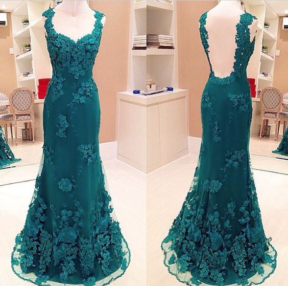 Green Lace Open Back Mermaid Elegant Long Prom Dresses, WG702 - Wish Gown