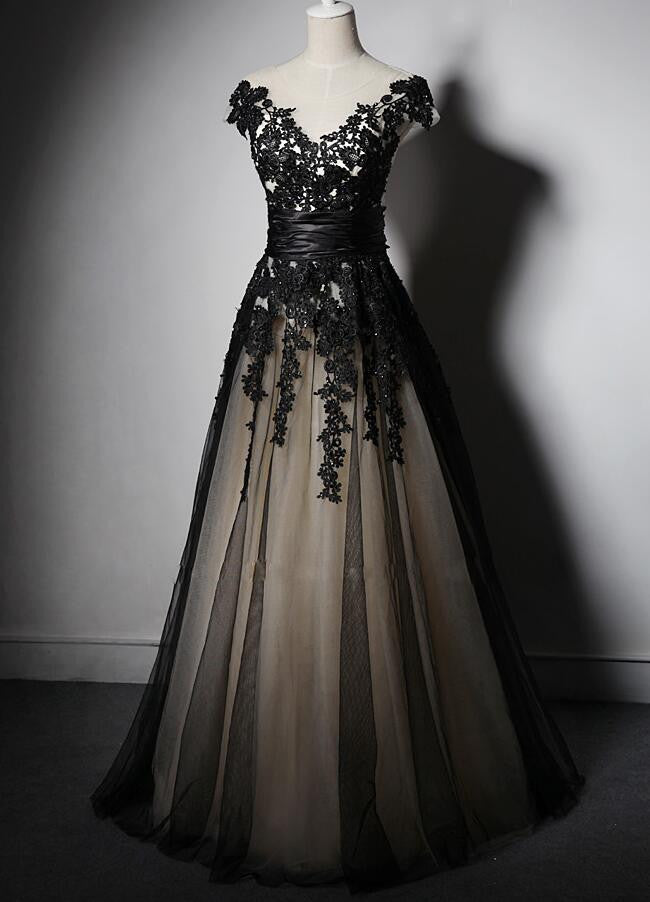 Black Applique Cap Sleeve Lace Up Back V Neck Long Prom Dresses, WG708 - Wish Gown