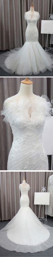 Gorgeous Elegant White Lace Mermaid Tulle Wedding Party Dresses, Bridal Gown, WD0072 - Wish Gown