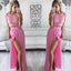 Pink Lace Two Pieces Short Sleeve Sexy Side Slit Long Prom Dress, WG729