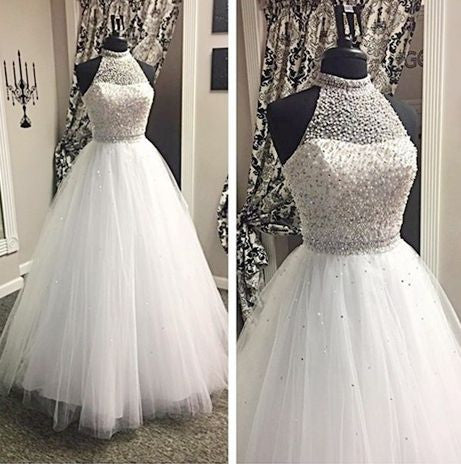 White Halter Beaded Top Evening Ball Gown Long Prom Dresses, WG731