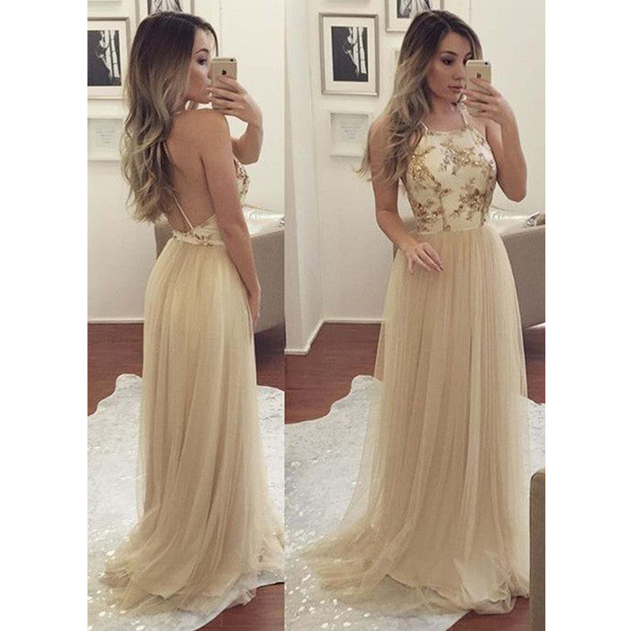 Unique Open Back Tulle Affordable Long Prom Dresses, WG761
