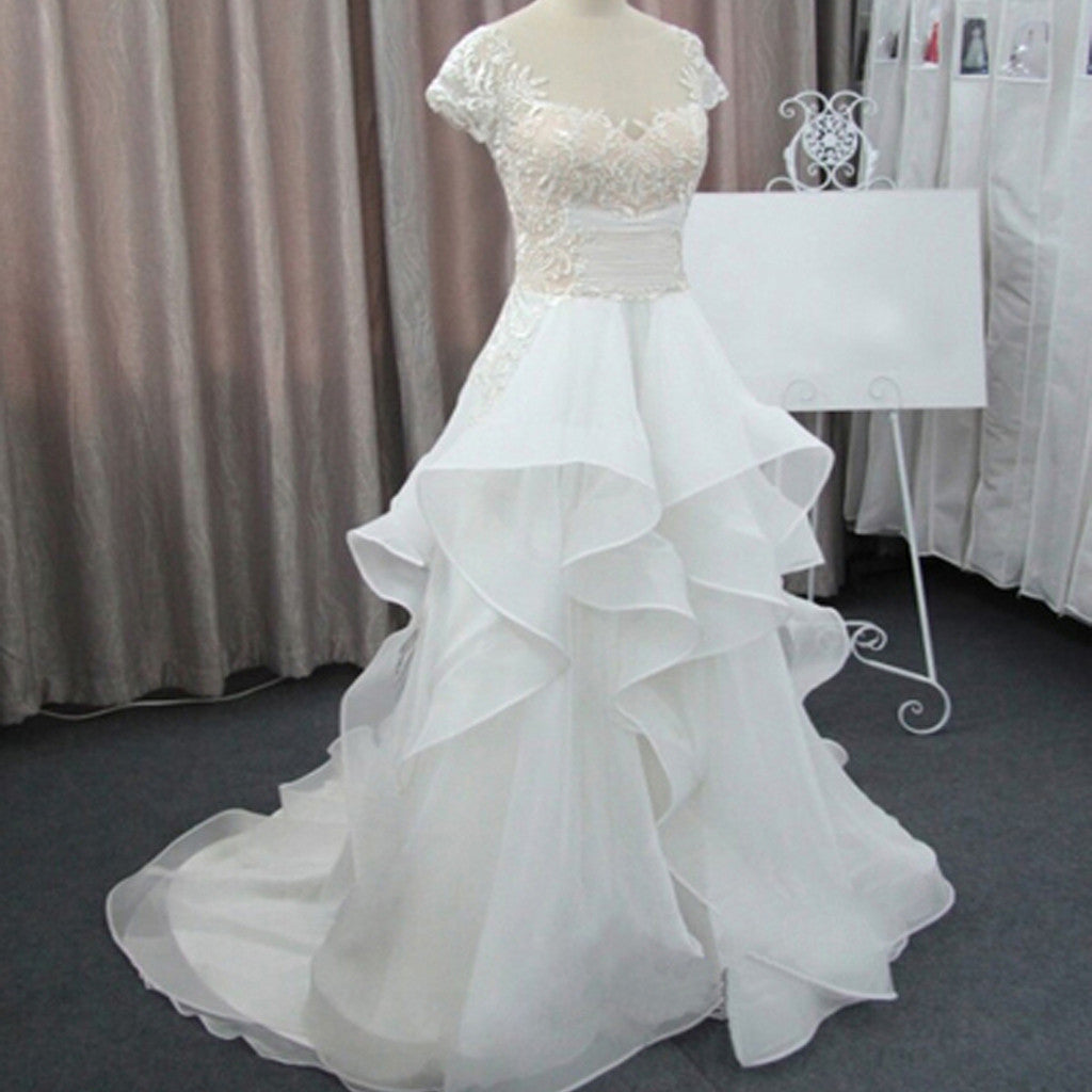 Cap Sleeve Beautiful Lace Wedding Party Dresses, Cheap Chiffon Bridal Gown, WD0076 - Wish Gown