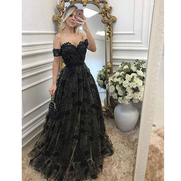 Black Lace Off the Shoulder Sexy Sweetheart Elegant Long Prom Dresses, WG776 - Wish Gown
