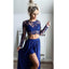 Two Pieces Long Sleeves Sexy Side Split Royal Blue Lace Beach Long Prom Dresses, WG786