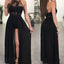 Black Halter Side Split Sexy Cheap Formal Long Prom Dresses, WG793