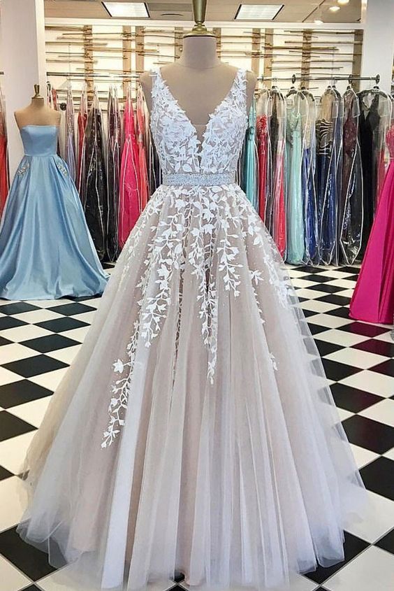 Charming Popular V Neck Applique Tulle Evening Formal Long Prom Dresses, WG795 - Wish Gown