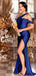 Royal Blue Mermaid Sexy High Slit Burnt Brown Satin Long Bridesmaid Dresses, WGM012