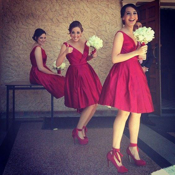 Red Short Simple V Neck Cheap Wedding Party Bridesmaids Dresses, WG361