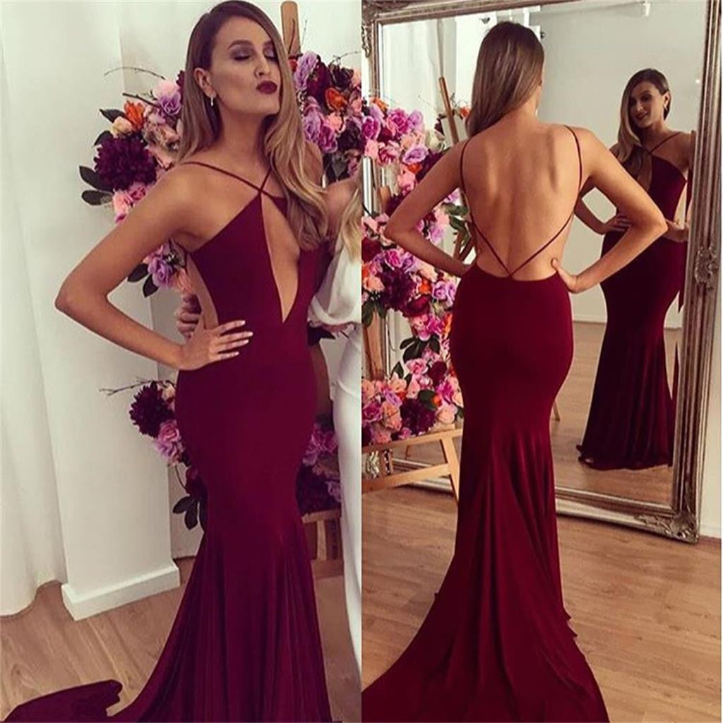 Sexy Long Backless On Sale Mermaid Simple Newest Burgundy Evening Prom Dresses Online, PD0114