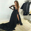Long Lace Popular Side Split Sexy Black Long Sleeves Evening Prom Dresses, PD0013