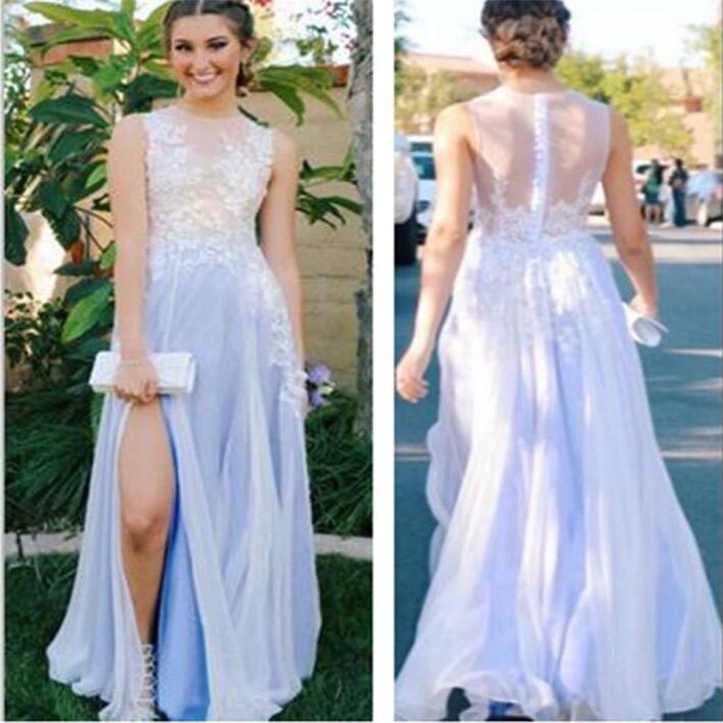 Side Slit See-through Scoop Custom A-line Evening Long Prom Dress, PD0132