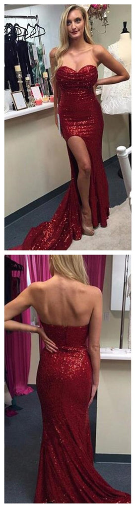 Side Slit Red Sequined Sweet Heart Sparkle Sexy Evening Cheap Long Prom Dress, PD0146