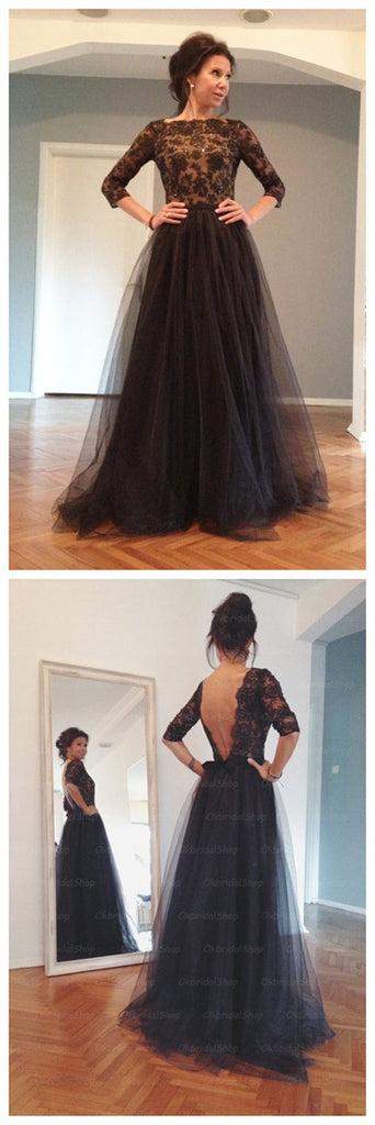 Elegant Women Black Lace Long Sleeves Backless Party Prom Long Evening Dress, PD0015 - Wish Gown