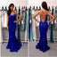 Spaghetti Straps Mermaid Royal Blue Lace Backless Evening Long Prom Dress, PD0150