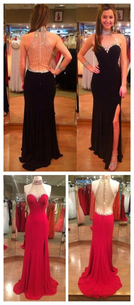 Unique Side Slit High Neck Beaded Sexy Black On Sale Evening Long Prom Dress, PD0155