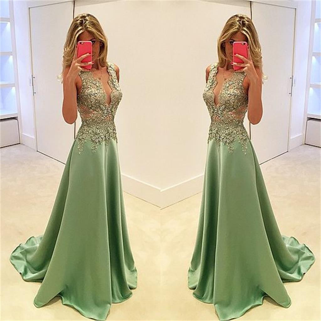 Deep V-Neck Stunning A-line Sexy Fashion Green Evening Long Prom Dress, PD0160 - Wish Gown