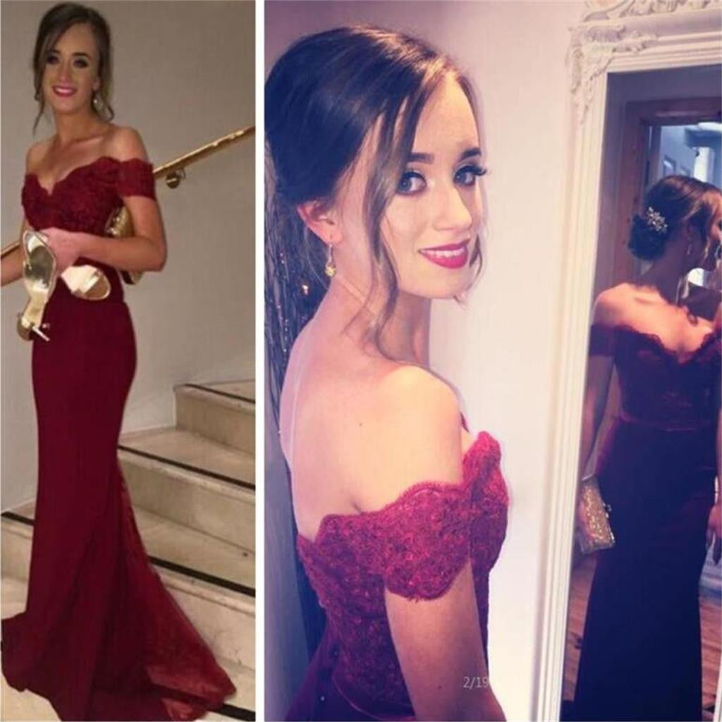 Burgundy Off Shoulder Mermaid Best Sales Inexpensive Lace Long Prom Party Dresses for wedding, PD0165 - Wish Gown
