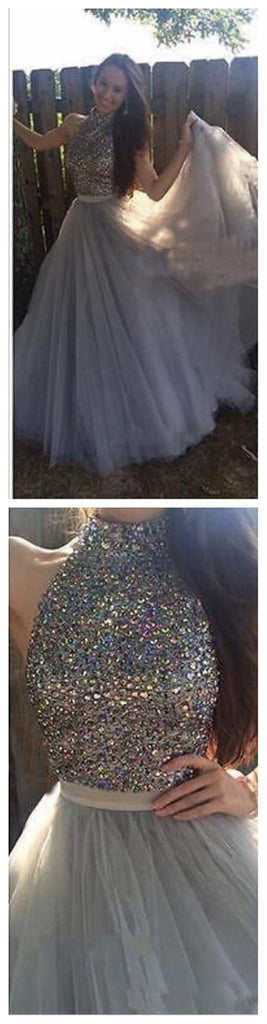 High Neck Tulle Sparkle Custom Make Party Cocktail Evening Long Prom Dress, PD0170
