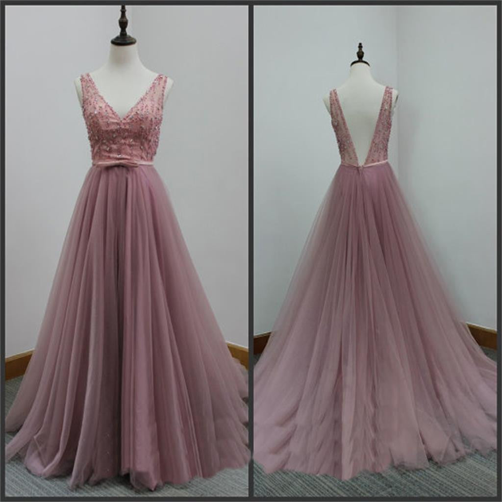 V-Back Tulle A-line Discount Formal Evening Party Cheap Long Prom Dress, PD0173