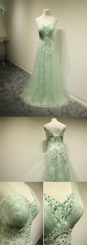 Tulle Sweet Unique Green Lace Formal A line Cheap Custom Make Evening Long Prom Dress, PD0193
