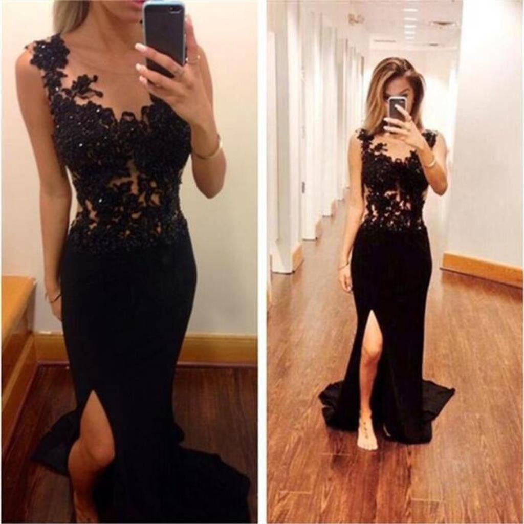 Popular Charming Black Mermaid Side Split Long Sexy Backless Lace Prom Dresses, PD0031