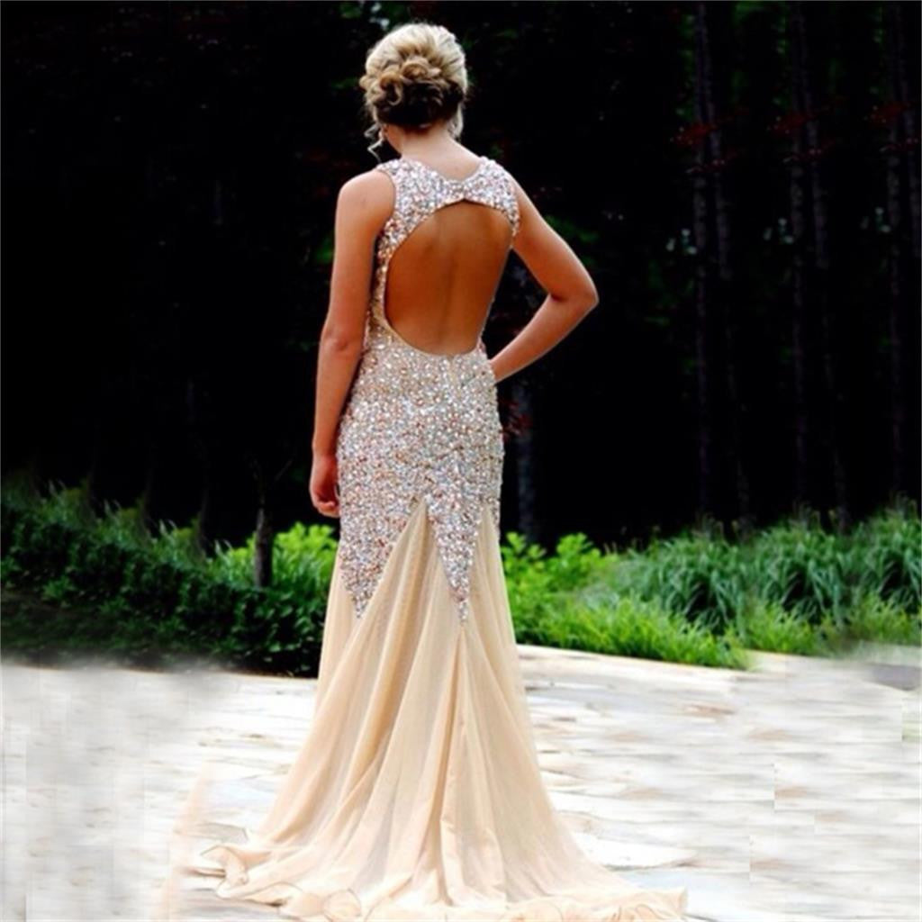 Sparkle Open Back Rhinestone Mermaid Sexy Gorgeous Long Evening Prom Dresses, PD0037