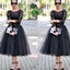 Lace Black Long Sleeves Evening Party Affordable Tea Length Prom Dresses, PD0039