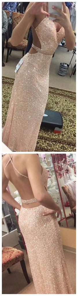 Sexy Backless Sequined Mermaid Evening Spaghetti Straps Long Prom Dress, PD0051