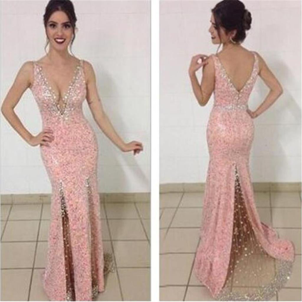 Pink Sexy Mermaid Deep V-neck Newest Shinning Long Evening Party Prom Dress, PD0053