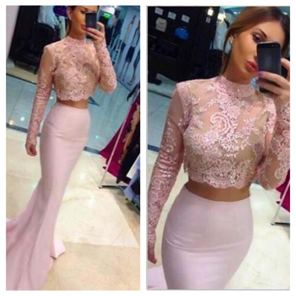 Two Pieces Ivory Lace Mermaid Long Sleeves High Neck Fashion Long Evening Party Prom Dress, PD0054