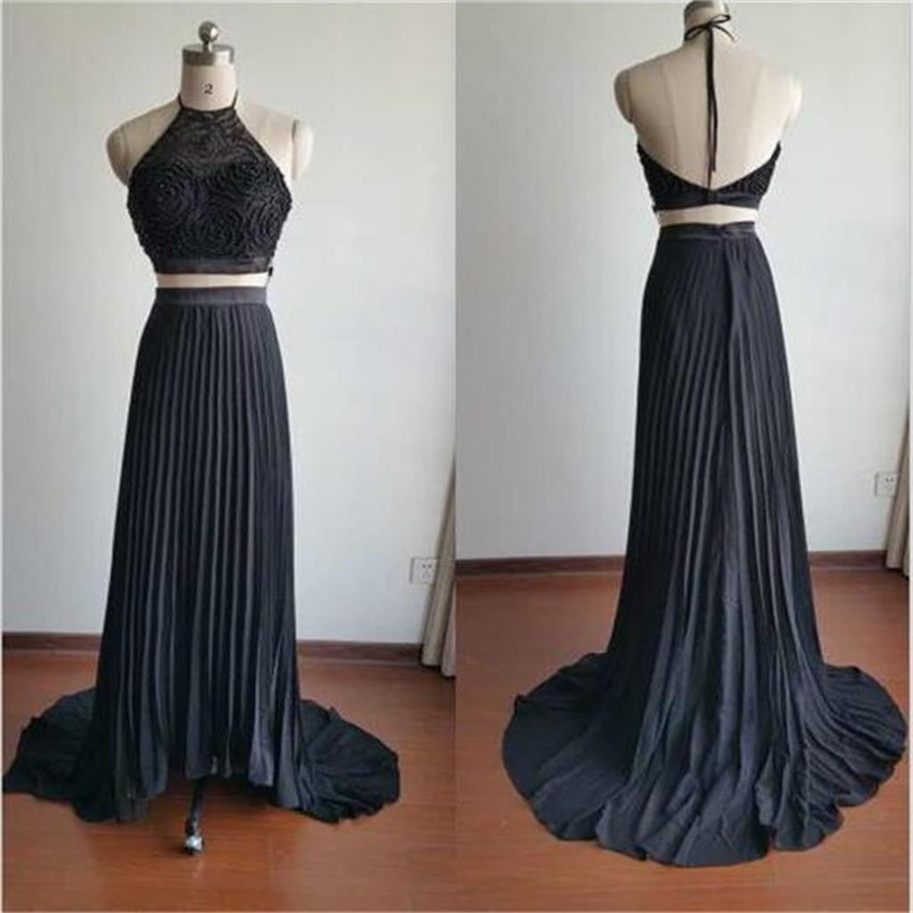 Two Pieces Halter Backless Beading Newest Evening Party Cheap Long Prom Dress, PD0061