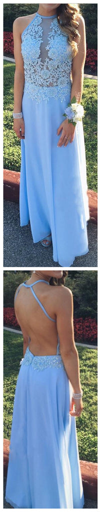 Long Chiffon Blue Simple Lace Open Back Sexy Junior Popular Cheap Prom Dresses, PD0070