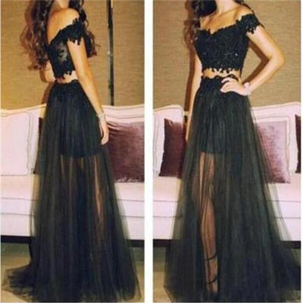 Black Two Pieces Off Shoulder Tulle Lace Party Cocktail Evening Long Cheap Prom Dress, PD0171 - Wish Gown