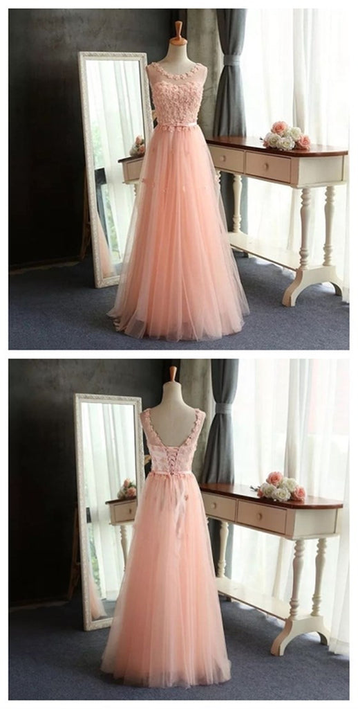 Scoop Tulle Pretty Popular A-Line Evening Custom Long Prom Dresses Online, PD0096