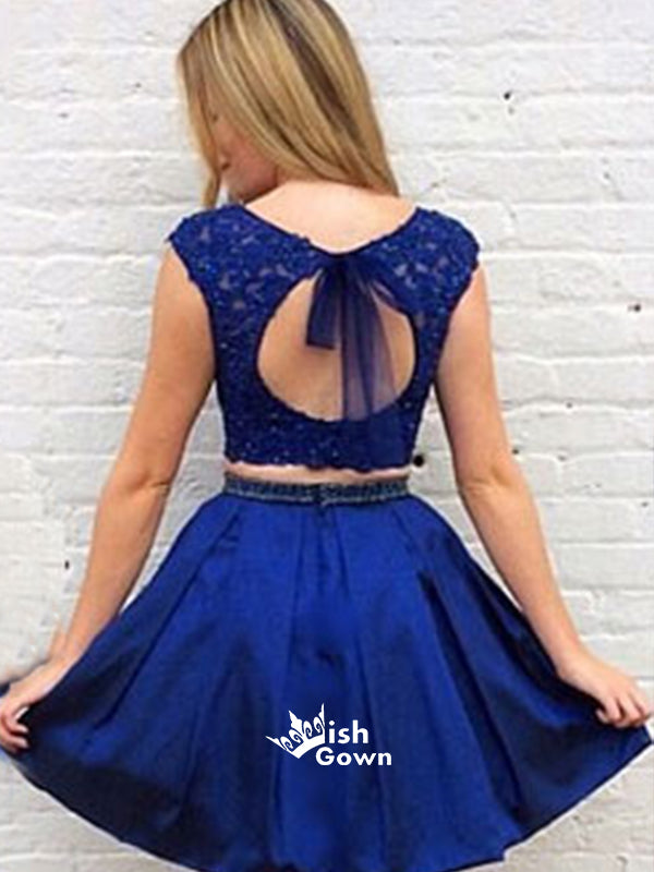 Royal Blue Two Pieces Open Back Lace Top Sleeveless Satin Short Homecoming Prom Dress, BD00132