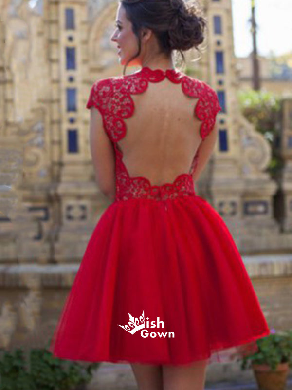 Red Open Back Sexy With Short Sleeve Cocktail Homecoming Prom Dress, BD00133