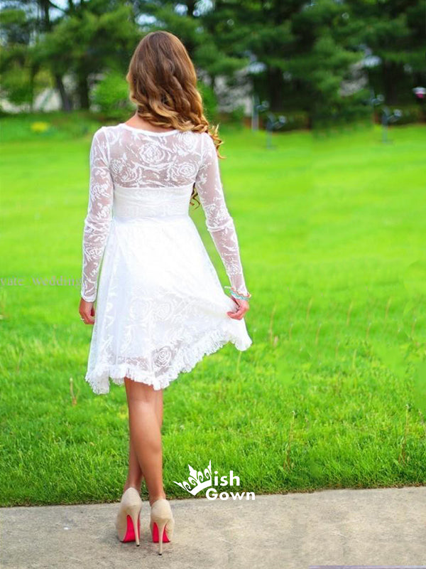 Long Sleeve White See Through Lace Beaded Wedding Bridesmaid Homecoming Prom Dress, BD00134