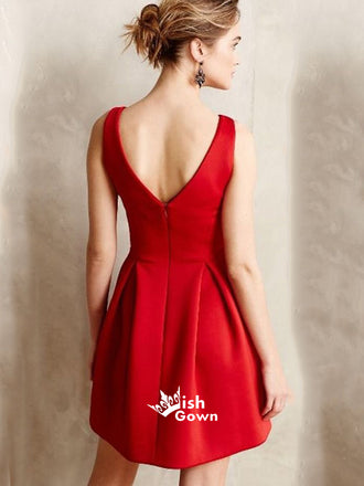 Unique Style Red Satin V-neck Short Freshman Casual Cocktail Homecoming Prom Dress, BD00152
